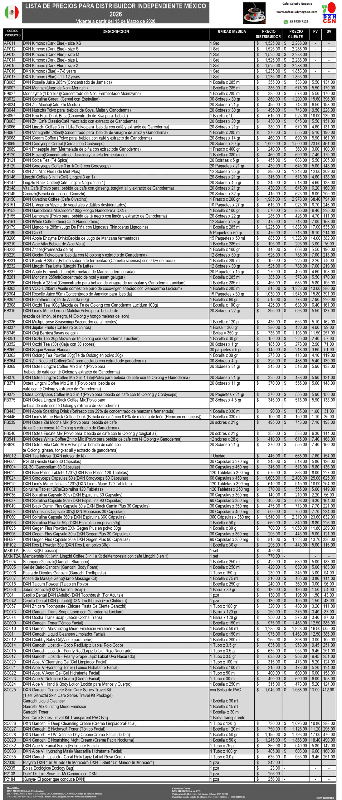 LISTA DE PRECIOS DXN 2026 MEXICO